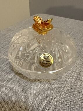 💎 RCR Italy Lead Crystal Covered Dish Candy Trinket Bowl Gold Floral Lid 4"
